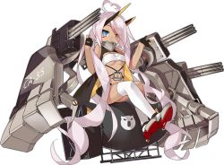1girl absurdly_long_hair ahoge asymmetrical_legwear azur_lane bandeau bare_shoulders black_gloves black_shorts blue_eyes bomb breasts cleavage covered_mouth crossed_legs dark-skinned_female dark_skin dot_nose explosive eyebrows eyes_visible_through_hair facepaint facing_away fat_man_(nuclear_bomb) female_focus fingernails full_body gloves grey_footwear headgear heterochromia index_finger_raised indianapolis_(azur_lane) long_hair looking_away looking_to_the_side m/ machinery mechanical_arms midriff nuclear_weapon official_art over-kneehighs palms partially_fingerless_gloves pink_hair rudder_footwear saru see-through_clothes ship_turret short_shorts shorts single_thighhigh sitting small_breasts solo strapless thighhighs transparent_background tsurime tube_top turtleneck twintails underboob uneven_legwear very_long_hair weapon_of_mass_destruction white_thighhighs yellow_eyes