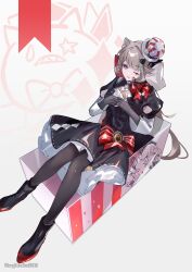 1girl animal_ears black_boots black_dress black_gloves black_pantyhose boots bow cat_ears cat_girl closed_mouth dress eating facial_tattoo food full_body genshin_impact gloves hair_bow hat highres holding holding_food huge_bow kukatsuma light_brown_hair long_hair looking_at_viewer lynette_(genshin_impact) lynette_(kfc)_(genshin_impact) lyney_(genshin_impact) mini_hat mini_top_hat official_alternate_costume one_eye_closed pantyhose purple_eyes red_bow simple_background sitting solo star_tattoo tattoo top_hat white_background