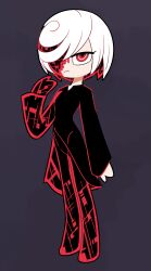 1girl absurdres black_dress closed_mouth dress female_focus full_body hair_over_one_eye highres long_sleeves looking_at_viewer miscon multicolored_hair red_eyes red_hair sage_(sonic) short_hair solo sonic_(series) sonic_frontiers standing streaked_hair white_hair