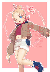 1girl :d blonde_hair blue_eyes blue_shoes border brown_jacket commentary_request cross-laced_shoes gradient_hair jacket kakitama_(1ra_gezatt) midriff multicolored_hair navel nintendo one_eye_closed open_clothes open_jacket open_mouth outside_border pink_hair pokemon pokemon_legends:_z-a red_background shoes shorts smile solo standing standing_on_one_leg taunie_(pokemon) two-tone_hair watermark white_border white_shorts