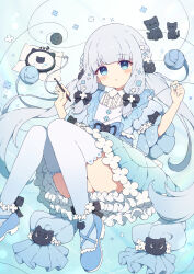 Rule 34 | 1girl, animal, black bow, blue dress, blue eyes, blue thighhighs, blush, bow, cat, chestnut mouth, commission, dress, floating, flower, frilled dress, frilled sleeves, frills, grey hair, hair bow, hair flower, hair ornament, highres, long hair, looking at viewer, napkin, needle, open mouth, original, puffy sleeves, sewing needle, sewing pin, shoes, sidelocks, skeb commission, thighhighs, thighs, tyomimas, variant set, wide sleeves, yarn