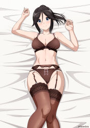 1girl abs absurdres arms_up bare_arms bed bed_sheet black_bra black_garter_belt black_hair black_panties black_thighhighs blue_eyes blush bow bow_bra bow_panties bra breasts cameltoe cleavage collarbone commission from_above garter_belt hair_between_eyes hibike!_euphonium highres inoshira kasaki_nozomi looking_at_viewer lying medium_breasts navel on_back on_bed panties panties_over_garter_belt pink_bow pixiv_commission ponytail sidelocks smile solo thighhighs underwear underwear_only