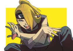 1boy black_pants black_tank_top blonde_hair blue_eyes border chasenmage deidara_(naruto) extra_mouth fishnet_top fishnets forehead_protector hair_over_one_eye hand_mouth highres iwagakure_symbol knees_up long_hair looking_at_viewer male_focus motoyui naruto_(series) naruto_shippuuden pants pnpk_1013 simple_background solo stitched_arm stitches tank_top tongue tongue_out two-tone_background upper_body white_border yellow_background
