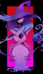 1girl 2019 black_background black_sclera blue_hair colored_sclera colored_skin commentary female_focus gen_8_pokemon glowing glowing_eyes gradient_background gradient_hair grey_skin hair_over_one_eye hat hatterene long_hair looking_at_viewer multicolored_hair nintendo pink_hair pokemon pokemon_(creature) red_background serious shaded_face simple_background solo straight-on very_long_hair witch_hat yojio_(2188)