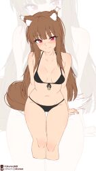 1girl absurdres animal_ear_fluff animal_ears arm_support bare_arms bare_shoulders bikini black_bikini blush breasts brown_hair closed_mouth commentary cropped_legs english_commentary front-tie_bikini_top front-tie_top highres holo likunea long_hair looking_at_viewer medium_breasts navel patreon_logo patreon_username red_eyes smile spice_and_wolf string_bikini swimsuit tail twitter_username twitter_x_logo very_long_hair wolf_ears wolf_girl wolf_tail zoom_layer