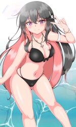 1girl absurdres anchor_pendant bikini black_bikini black_hair breasts cleavage closed_mouth colored_inner_hair commentary_request fang front-tie_bikini_top front-tie_top hairband highres itsuya_(hmizugucti) jewelry kantai_collection large_breasts leaning_forward long_hair multi-strapped_bikini_bottom multicolored_hair naganami_(kancolle) naganami_kai_ni_(kancolle) navel necklace pink_hair purple_eyes skin_fang smile solo swimsuit v v-shaped_eyebrows variant_set very_long_hair water white_hairband