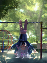 +_+ 1girl absurdres accidental_exposure backpack bag blue_archive blue_coat blue_hair blue_skirt clothes_lift coat commentary dappled_sunlight day double_w english_commentary excited film_grain full_body halo hanging highres huge_filesize loli long_hair long_sleeves looking_at_viewer multicolored_hair norio_(norio386) open_mouth outdoors panties park pink_hair pleated_skirt pullup_bar purple_eyes purple_panties reisa_(blue_archive) sailor_collar school_uniform skirt skirt_lift smile solo striped_clothes striped_panties sunlight tree twintails two-tone_hair underwear upside-down v-shaped_eyebrows w white_sailor_collar