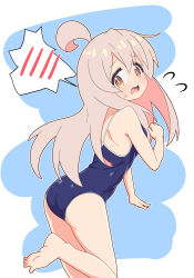 1girl absurdres ahoge ass bare_arms bare_legs bare_shoulders barefoot black_one-piece_swimsuit blue_background blush brown_eyes competition_school_swimsuit embarrassed feet flying_sweatdrops hair_between_eyes highres long_hair looking_at_viewer namari_siro one-piece_swimsuit onii-chan_wa_oshimai! open_mouth oyama_mahiro pink_hair school_swimsuit simple_background soles solo spoken_blush sweatdrop swimsuit toes