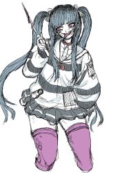 1girl amemiya_darumi black_hair black_skirt blue_hair collar collarbone face_piercing female_focus fingernails hair_between_eyes heart highres holding holding_knife holding_weapon knife lip_piercing long_hair long_sleeves makeup piercing pink_eyes pink_thighhighs pleated_skirt runny_makeup safety_pin shirt sketch skirt solo solo_focus striped_clothes striped_shirt striped_skirt the_hundred_line_-last_defense_academy- thighhighs tongue tongue_out twintails weapon