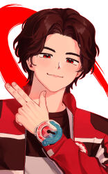 Rule 34 | 1boy, absurdres, bakuage sentai boonboomger, boonboom changer, brown eyes, brown hair, closed eyes, highres, jacket, male focus, miong (kisa507), red jacket, short hair, simple background, solo, super sentai, upper body, white background
