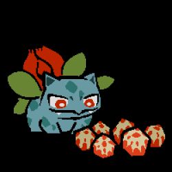 amehatobook animated animated_gif berry_(pokemon) bright_pupils closed_mouth eating fangs fangs_out flower gen_1_pokemon ivysaur liechi_berry lowres nintendo no_humans pokemon pokemon_(creature) red_eyes red_flower standing venusaur white_pupils
