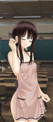 Rule 34 | 1girl, apron, bare shoulders, black hair, blush, breasts, ceiling, chair, chalkboard, classroom, closed eyes, collarbone, covered erect nipples, cowboy shot, desk, female focus, fluorescent lamp, hand up, hisahara shizuku, hosi-gaki, indoors, lace-trimmed apron, lace trim, legs together, long hair, low twintails, naked apron, original, pocket, school, school desk, shitou (4h), sidelocks, small breasts, solo, standing, twintails, wooden floor, zenra toukou school