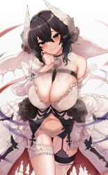 1girl absurdres anne_(cryptract) bare_shoulders belt black_belt black_choker black_flower black_hair black_rose blush breasts bride center_opening check_commentary chest_belt choker cleavage commentary_request cryptract dress flower frilled_dress frills garter_straps green_eyes head_wings highres large_breasts long_sleeves looking_at_viewer navel revealing_clothes rose simple_background smile solo white_background white_dress wings yandere yuu_cream