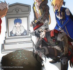 1girl 3boys ahoge archer_(fate) archer_(honkai:_star_rail)_(fate) artist_name artoria_pendragon_(fate) belt black_boots black_coat black_eyes black_gloves black_hair black_hat black_jacket black_pants blonde_hair blue_bow blue_bowtie blue_dress blue_ribbon boothill_(honkai:_star_rail) boots bow bowtie braid brown_belt bullet_earrings caelus_(honkai:_star_rail) cape cioccolatodorima coat commentary cowboy_hat cu_chulainn_(fate) cu_chulainn_(fate/stay_night) cyborg dark-skinned_male dark_skin dress earrings english_commentary faceless faceless_male fate/stay_night fate/unlimited_blade_works fate_(series) fingerless_gloves full_body gloves grant_gustin_next_to_oliver_queen&#039;s_grave_(meme) grave grey_armor grey_hair hair_bun hair_over_one_eye hair_ribbon hat hat_feather hat_ornament honkai:_star_rail honkai_(series) hood hooded_coat jacket jewelry long_hair long_sleeves looking_at_viewer mechanical_arms mechanical_hands meme multicolored_hair multiple_boys open_clothes open_coat pants red_cape red_coat ribbon saber_(fate) saber_(honkai:_star_rail)_(fate) shadow sharp_teeth sheriff_badge shirt short_hair sidelocks simple_background smile spiked_hair squatting standing star_ornament striped_bow striped_bowtie striped_clothes t-shirt teeth tombstone trailblazer_(honkai:_star_rail) two-sided_coat two-sided_fabric two-tone_dress two-tone_hair v white_background white_dress white_hair white_shirt yellow_coat zipper