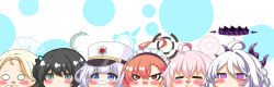 6+girls :d absurdres ahoge black_hair blonde_hair blue_archive blue_eyes blush_stickers brown_hair cherino_(blue_archive) chibi closed_mouth commentary_request fake_facial_hair fake_mustache fang forehead grey_eyes grey_hair hair_between_eyes hair_bun halo hand_up hat highres hina_(blue_archive) horns hoshino_(blue_archive) kisaki_(blue_archive) kurukurumagical maid_headdress mole mole_under_eye multiple_girls neru_(blue_archive) o_o open_mouth parted_bangs peaked_cap purple_eyes red_eyes single_hair_intake single_side_bun smile sora_(blue_archive) sweat v-shaped_eyebrows white_background white_hat