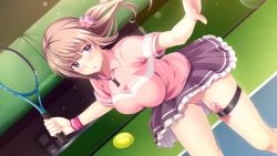 1girl atelier_kaguya ball binkan_kyonyuu_bishoujo_tsunfuwa_iyarashi_massage blush bouncing_breasts breasts brown_hair censored egg_vibrator embarrassed female_focus floating_hair frilled_skirt frills game_cg h+o harumi_ayame holding holding_racket large_breasts legs long_hair looking_at_viewer mosaic_censoring no_panties nose_blush original outdoors outstretched_arms parted_lips playing purple_eyes pussy racket remote_control_vibrator sex_toy skirt solo sportswear standing tennis_ball tennis_court tennis_racket tennis_uniform thighs twintails unaligned_breasts vibrator