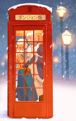 2girls ^_^ belt blonde_hair blue_capelet blue_dress boots bow breasts brown_belt brown_boots capelet closed_eyes closed_mouth commentary couple dress dungeon_meshi elf eyelashes falin_touden from_side glass_door hair_bow hair_bun half_updo highres holding_hands interlocked_fingers lamppost large_breasts long_hair marcille_donato multiple_girls night open_mouth pants phone_booth pink_bow pointy_ears purple_robe robe shirt short_hair snow snowing standing tamias white_pants white_shirt winter yuri