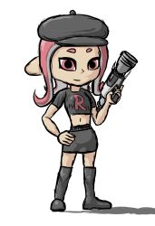 1girl absurdres black_boots black_hat black_shirt black_skirt boots clothes_writing cosplay crossover gun hand_on_own_hip handgun hat highres holding holding_gun holding_weapon long_hair looking_at_viewer midriff navel nintendo octoling octoling_girl octoling_player_character octopus_girl pink_eyes pink_hair pistol pointy_ears pokemon shirt short_sleeves skirt smile soandnb splatoon_(series) standing team_rocket team_rocket_grunt team_rocket_grunt_(cosplay) team_rocket_uniform tentacle_hair thigh_boots weapon white_background