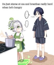 Rule 34 | ..., 1boy, 1girl, absurdres, alternate costume, animal slippers, apron, black hair, blue eyes, closed mouth, cooking, cooking pot, english text, genshin impact, green apron, green eyes, green hair, grey hair, hair between eyes, highres, japanese clothes, julydelic, multicolored hair, nahida (genshin impact), pointy ears, purple footwear, scaramouche (genshin impact), short sleeves, slippers, spoken ellipsis, standing, stove