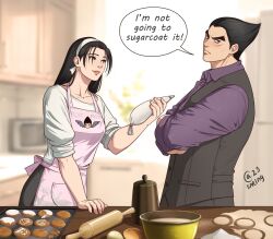 1boy 1girl apron autumn-sacura baking_sheet black_eyes black_hair blurry blurry_background bowl collarbone commentary cookie crossed_arms dough english_commentary english_text food from_side hair_ribbon hand_on_table holding holding_pastry_bag icing kazama_jun kitchen light_smile looking_away medium_hair microwave mishima_kazuya muscular muscular_male namco pastry_bag pink_apron pun red_eyes ribbon rolling_pin three-quarter_sleeves speech_bubble sweater_vest tekken tekken_7 tekken_8 thick_eyebrows white_ribbon