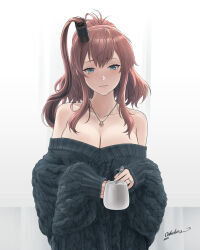 Rule 34 | 1girl, alternate costume, bare shoulders, black hair, black sweater, blue eyes, blush, breasts, brown hair, cleavage, collarbone, cup, grey background, highres, holding, holding cup, jewelry, kantai collection, large breasts, long sleeves, looking at viewer, medium hair, multicolored hair, necklace, odachu, off-shoulder sweater, off shoulder, one side up, parted lips, ring, saratoga (kancolle), sidelocks, signature, smile, solo, spoon, streaked hair, sweater, two-tone hair, upper body, wedding ring