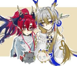 1boy 1girl :o ^_^ arknights bare_shoulders beads blonde_hair blue_hair border brother_and_sister chinese_commentary closed_eyes closed_mouth colored_extremities commentary_request cropped_torso dragon_bubble_(arknights) dragon_girl dragon_horns earrings green_eyes grey_hair hair_between_eyes hair_intakes hand_on_own_cheek hand_on_own_face horns jewelry keyi_zailai_yige_zhoumo_ma long_hair long_sleeves multicolored_eyes multicolored_hair necklace off_shoulder open_mouth outline outside_border pointy_ears purple_hair red_eyes red_hair shu_(arknights) siblings simple_background sketch smile two-tone_eyes white_border white_outline yellow_background yu_(arknights)
