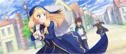 1girl 2boys :q belt belt_buckle black_pants blonde_hair blue_dress blue_eyes blue_sky blue_veil blunt_bangs brown_belt brown_hair buckle building cape cecily_(konosuba) chasing cloud cloudy_sky day dress fleeing game_cg gold_trim green_cape hair_tie highres holding holding_sack kono_subarashii_sekai_ni_shukufuku_wo! konosuba!_fantastic_days long_dress long_hair long_sleeves looking_at_another looking_back low-tied_sidelocks multiple_boys official_art outdoors pants priestess road sack satou_kazuma shirt short_hair sidelocks sky standing street tongue tongue_out v-shaped_eyebrows veil white_shirt