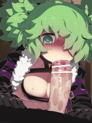 1boy 1girl animated aqua_eyes bar_censor black_gloves black_jacket black_skirt black_tube_top bouncing_breasts breasts censored cleavage cowboy_shot dark_hunter dark_hunter_(sekaiju) dark_hunter_5 deepthroat etrian_odyssey eyelashes fellatio from_above fur-trimmed_jacket fur_trim gloves green_hair hair_over_one_eye heart heart-shaped_pupils hetero indoors jacket large_breasts large_penis long_sleeves looking_at_viewer looking_up looping_animation medium_hair midriff mizumizuni multicolored_jacket naughty_face open_clothes open_jacket oral penis skirt solo_focus strapless symbol-shaped_pupils tagme tube_top twintails two-tone_jacket video wavy_hair white_jacket