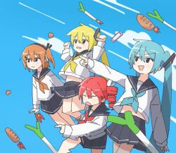 4girls adachi_rei akita_neru auhuheben17 blonde_hair blue_background blue_bow blue_hair blue_sky bow bread chicken_(food) closed_eyes closed_mouth cloud drill_hair food fried_chicken hatsune_miku kasane_teto midriff multiple_girls open_mouth orange_bow orange_hair pointing pointing_forward red_bow red_hair school_uniform serafuku sky spring_onion stomach twin_drills twintails yellow_bow