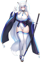 Rule 34 | 1girl, absurdres, animal ears, aqua trim, bare shoulders, black kimono, blush, breasts, collar, commentary request, fox ears, fox girl, fox shadow puppet, fox tail, from behind, full body, grey hair, hair ornament, highres, holding, holding sword, holding weapon, huge breasts, japanese clothes, katana, kimono, kutan, leotard, long hair, long sleeves, looking at viewer, mizuki (kutan), multiple views, original, pinwheel, pinwheel hair ornament, purple eyes, ribbon-trimmed thighhighs, ribbon trim, sheath, sheathed, simple background, smile, standing, sword, tachi-e, tail, thighhighs, turnaround, very long hair, weapon, white background, white hair, white thighhighs, wide sleeves