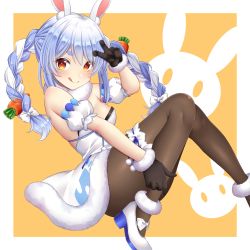 1girl :q animal_ear_fluff animal_ears ankle_garter black_gloves black_leotard black_pantyhose blue_hair blush braid breasts carrot_hair_ornament coat coat_dress detached_sleeves dress floating food-themed_hair_ornament frilled_thigh_strap fur-trimmed_coat fur-trimmed_gloves fur_scarf fur_trim gloves hair_ornament high_heels highres hikimayu hololive hugging_own_legs leotard leotard_under_clothes long_hair looking_at_viewer mary_janes medium_breasts multicolored_hair orange_eyes pantyhose puffy_short_sleeves puffy_sleeves rabbit-shaped_pupils rabbit_ears rabbit_girl scarf shoes short_eyebrows short_sleeves smile solo sorakase_sawa strapless strapless_coat strapless_dress strapless_leotard swept_bangs symbol-shaped_pupils thick_eyebrows thigh_strap tongue tongue_out twin_braids twintails two-tone_hair usada_pekora usada_pekora_(1st_costume) v virtual_youtuber white_coat white_hair white_scarf white_shoes white_sleeves