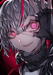 1girl 33_gaff antenna_hair arknights black_gloves black_jacket fingerless_gloves gloves grey_hair horns jacket looking_at_viewer nail_polish open_clothes open_jacket open_mouth pink_nails red_eyes red_hair red_horns ringed_eyes solo w_(arknights)