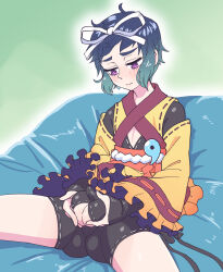 1boy ass crossdressing crossdressing_(mtf) green_hair hair_ornament highres huge_testicles japanese_clothes kikunomon_tsubomi original partially_visible_testicles pathkebe_h penis purple_eyes revealing_clothes shorts sitting skirt small_penis spread_legs testicle_grab testicle_peek testicles trap