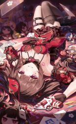 1girl absurdres aida_noa black_collar black_gloves black_thighhighs board_game box breasts brown_hair card character_doll cleavage collar commentary_request doll dress fingerless_gloves fingernails fox_mask gift gift_box gloves gun hand_on_own_chest heart heart_tattoo highres holding holding_gun holding_weapon homu_(honkai_impact) honkai:_star_rail honkai_(series) honkai_impact_3rd kendama long_hair looking_at_viewer lying mark_under_eye mask mask_on_head medium_breasts nail_polish on_back pink_nails playing_card red_dress red_eyes sampo_koski shoulder_tattoo single_fingerless_glove single_thighhigh smile solo sparkle_(doll)_(honkai:_star_rail) sparkle_(fictitious_game)_(honkai:_star_rail) sparkle_(honkai:_star_rail) tattoo teardrop_facial_mark thighhighs thighs very_long_hair weapon