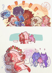 5boys 6+girls angel angel_wings bat_wings black_sapphire_cookie blue_hair blush bow_(weapon) candy_apple_cookie cloud_haetae_cookie colored_skin cookie_run cookie_run:_kingdom demon_boy demon_girl demon_horns doll eternal_sugar_cookie food fruit halo highres horns ishrkut looking_at_another multiple_boys multiple_girls nutmeg_tiger_cookie pavlova_cookie pointy_ears purple_skin red_eyes shadow_milk_cookie strawberry tiger_girl weapon wings