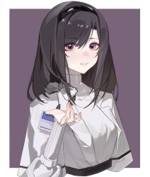 1girl arknights beckoning black_hair black_hairband border bow breasts closed_mouth commission cropped_torso diamond_(shape) hairband hand_up highres jacket layered_sleeves light_smile long_sleeves looking_at_viewer medium_breasts medium_hair priestess_(arknights) purple_background purple_eyes short_over_long_sleeves short_sleeves simple_background solo split_mouth sweater swept_bangs turtleneck turtleneck_sweater weifengbai white_border white_bow white_jacket white_sweater