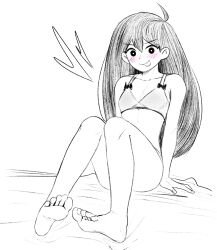 Rule 34 | 1girl, ahoge, arm support, bare arms, bare legs, bare shoulders, barefoot, blush, bow, bow bra, bra, breasts, bright pupils, cabronpr, cleavage, closed mouth, collarbone, commentary, convenient leg, dorsiflexion, double-parted bangs, feet, fingernails, foot focus, full body, greyscale, hair behind ear, hair between eyes, heart, highres, knees together feet apart, knees up, long hair, looking at viewer, mari (faraway) (omori), mari (omori), monochrome, naughty face, omori, simple background, sitting, small breasts, smile, solo, spot color, straight hair, symbol-only commentary, tongue, tongue out, underwear, v-shaped eyebrows, white background