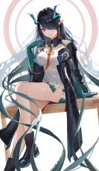 1girl arknights black_boots black_coat black_hair boots breasts coat collared_shirt commentary dragon_girl dusk_(arknights) dutch_angle eastern_dragon_horns eastern_dragon_tail green_hair green_hands green_horns hair_over_one_eye highres horns large_breasts long_hair long_sleeves looking_at_viewer multicolored_hair necktie off-shoulder_coat off_shoulder open_clothes open_coat pointy_ears red_eyes red_necktie shirt sitting sleeveless sleeveless_shirt solo streaked_hair takiren two-tone_hair very_long_hair white_shirt