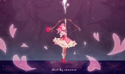 Rule 34 | 1girl, artist name, bow (weapon), commentary, drawing bow, english commentary, gloves, heart, holding, holding bow (weapon), holding weapon, kaname madoka, kaname madoka (magical girl), looking up, magical girl, mahou shoujo madoka magica, mahou shoujo madoka magica: hangyaku no monogatari, pink hair, puffy short sleeves, puffy sleeves, renareve, short sleeves, socks, solo, weapon, white gloves, white socks