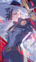 Rule 34 | absurdres, belt, belt buckle, black belt, black hair, black hat, black pants, boothill (honkai: star rail), buckle, cowboy hat, cowboy shot, grey hair, grin, gun, hat, highres, holding, holding gun, holding weapon, honkai: star rail, honkai (series), long hair, looking at viewer, male focus, multicolored hair, pants, red eyes, roscoe (onyx black89), smile, teeth, two-tone hair, weapon