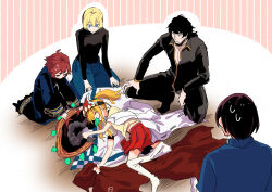 2boys 3girls black_hair black_pants black_shirt blonde_hair blue_eyes blue_pants blue_robe braid brown_shirt character_request closed_mouth clothes_pull collared_shirt dress_shirt etrian_odyssey hair_between_eyes highres long_sleeves lying mouth_hold multiple_boys multiple_girls nikki_kyousuke no_shoes on_side pants pantyhose pantyhose_pull phalanx_(sekaiju) phalanx_2_(sekaiju) pleated_skirt ponytail puffy_short_sleeves puffy_sleeves red_skirt robe sekaiju_no_meikyuu sekaiju_no_meikyuu_4 shirt short_sleeves skirt smile squatting swordsman_(sekaiju_4) swordsman_4_(sekaiju_4) twin_braids white_pantyhose wide_sleeves