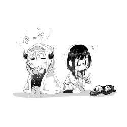 2girls =_= blanket blazer blunt_bangs braid braided_bun cleaning closed_eyes collared_shirt commentary cup deformed demon_horns detached_hair dress_shirt drinking english_commentary flower_symbol flying_sweatdrops glasses greyscale hair_bun highres holding holding_cup horns jacket long_hair long_sleeves love_live! love_live!_nijigasaki_high_school_idol_club low_twin_braids miniskirt monochrome motion_lines mug multiple_girls myonmukyuu nakagawa_nana neck_ribbon nijigasaki_school_uniform nijiyon no_shoes pleated_skirt ribbon school_uniform seiza semi-rimless_eyewear shirt sidelocks simple_background sitting skirt socks swept_bangs twin_braids uehara_ayumu under-rim_eyewear unworn_blazer white_background winter_uniform yuki_setsuna yuki_setsuna_(love_live!) |_|