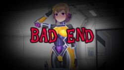 Rule 34 | 1girl, 3d, agent mirai, blender (medium), blush, bodysuit, breasts, brown hair, cameltoe, corruption, covered erect nipples, covered navel, dark persona, empty eyes, gradient hair, hallway, headphones, highres, impossible bodysuit, impossible clothes, indoors, latex, medium breasts, mind control, mirai (agent mirai), multicolored hair, orange bodysuit, pubic tattoo, purple bodysuit, purple eyes, purple hair, salute, science fiction, short hair, skin tight, solo, tattoo, umaaji lady mk2