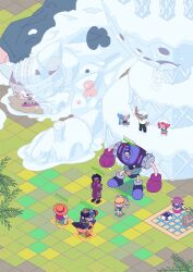 Rule 34 | 3girls, 5boys, arm up, artist name, black hair, blue hair, brogy, commentary, galdino, gameplay mechanics, giant, glasses, hat, health bar, highres, holding, holding sword, holding umbrella, holding weapon, isometric, karoo (one piece), little garden, long coat, lv5plant, miss goldenweek, miss valentine, mister five (one piece), monkey d. luffy, multiple boys, multiple girls, nami (one piece), nami (one piece) (little garden), nefertari vivi, one piece, picnic, pink hat, red shirt, roronoa zoro, shirt, straw hat, sword, umbrella, usopp, weapon