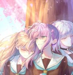 3girls aqua_neckerchief black_choker bob_cut brown_dress brown_hair cherry_blossoms choker closed_mouth colored_inner_hair commentary diagonal_bangs dress english_commentary fujishima_megumi green_eyes hair_bun hasu_no_sora_school_uniform highres inverted_bob leaning_on_person leaning_to_the_side link!_like!_love_live! long_hair long_sleeves love_live! multicolored_hair multiple_girls neckerchief o-ring o-ring_choker otomune_kozue purple_hair red_hair sailor_collar sailor_dress school_uniform short_hair side_ponytail sidelocks single_side_bun smile spring_(season) streaked_hair tree two_side_up upper_body virtual_graduation_commemoration virtual_youtuber white_hair white_sailor_collar winter_uniform yugiri_tsuzuri zenma_trang