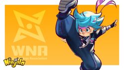 1boy aqua_hair bandaged_arm bandages black_boots black_bridal_gauntlets black_sash black_sleeves blue_eyes blue_jumpsuit blue_pupils blush boots bridal_gauntlets child closed_mouth commentary_request copyright_name copyright_notice dougi english_text facial_scar fluffy_hair gungho headband high_collar high_kick jumpsuit kappei_(ninjala) karate kicking logo logo_print male_focus medium_hair ninjala nose_tape official_art outstretched_arms pink_headband popped_collar print_jumpsuit rianti-wong sash scar scar_on_cheek scar_on_face second-party_source shoe_soles shuriken sidelighting sleeveless_jumpsuit solo spread_arms text_print unzipped v-shaped_eyebrows weapon white_dougi zipper_pull_tab