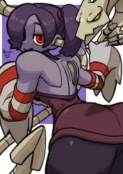 1girl ass bone_nigi colored_skin cowboy_shot detached_collar detached_sleeves dress exposed_bone from_behind hair_over_one_eye half-closed_eyes leaning_forward leviathan_(skullgirls) looking_at_viewer looking_back purple_background purple_hair purple_skin red_eyes side_ponytail skeletal_hand skullgirls smile solo squigly_(skullgirls) stitched_mouth stitches striped_sleeves white_background zombie