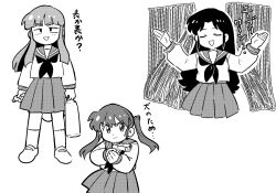 3girls angry closed_eyes curtains gun holding holding_gun holding_weapon long_hair long_sleeves monochrome multiple_girls neckerchief open_mouth original school_uniform shirt shizuku-chan_(yume_yoroi) shoes skirt smile socks standing sweat twintails upper_body uwabaki weapon yagami_miyako yume_yoroi
