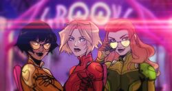 3girls alex_(totally_spies) black_hair black_lips blonde_hair bodysuit clover_(totally_spies) commentary english_commentary eyewear_on_head green_bodysuit long_hair mole multiple_girls neroexgalatine orange_hair red_bodysuit sam_(totally_spies) short_hair smile sunglasses tinted_eyewear totally_spies upper_body whoop_catsuit yellow-tinted_eyewear yellow_bodysuit