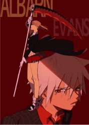 1boy 1girl black_coat blonde_hair boots character_name closed_eyes coat floating_clothes gloves hashtag-only_commentary highres holding holding_scythe looking_at_viewer maka_albarn ovo_03177 parted_lips profile red_background red_eyes red_skirt scythe simple_background skirt soul_eater soul_evans twintails vertical-striped_suit white_gloves
